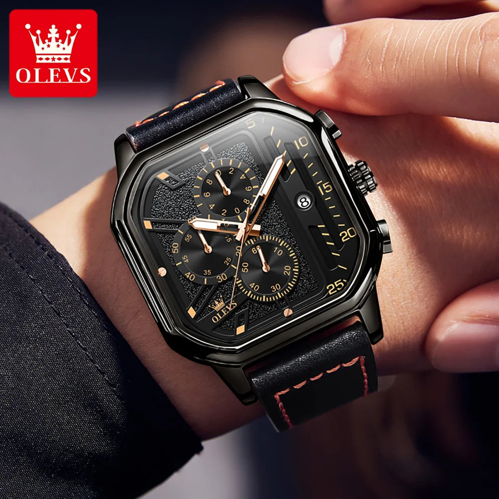 OLEVS 9950 Watches for Men Quartz Chronograph Leather Fashion Dress Watch Date Waterproof Luminous Casual Square Man Wristwatch