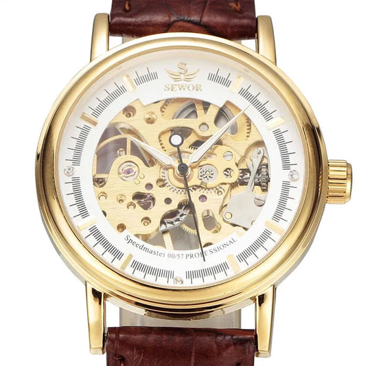 Men Mechanical Wristwatch, PU Leather Band, Mineral Reinforced Glass Wrist Watch forDaily Use
