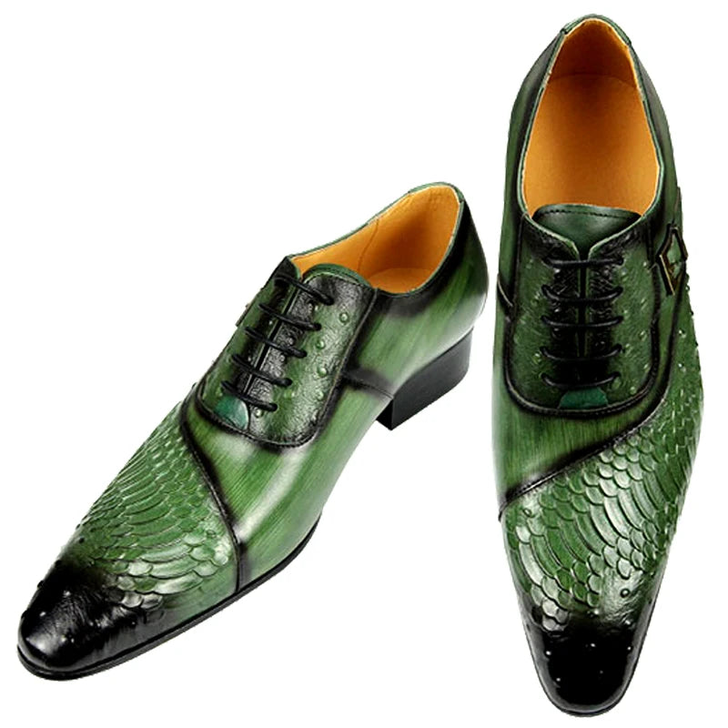 Luxury Men's Oxford Dress Shoes – British Carved Wingtip Leather Lace-Ups in Black & Green