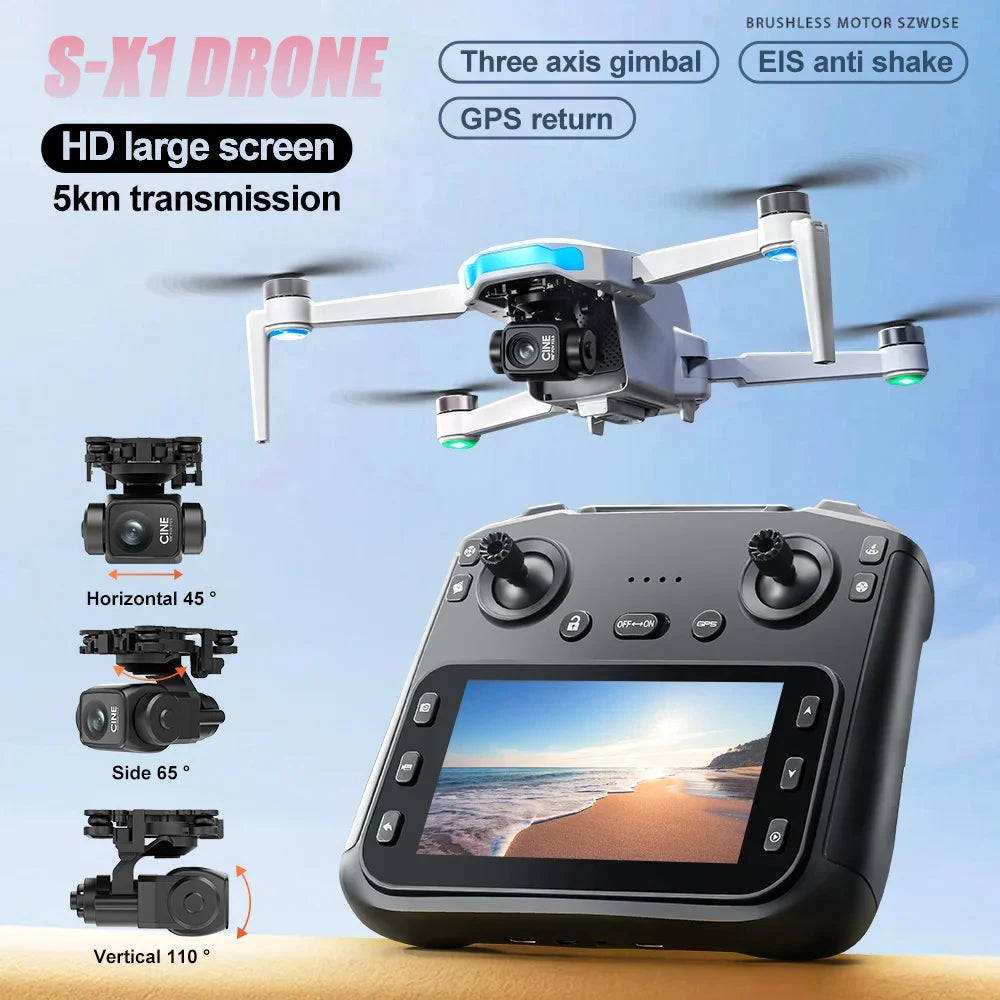 S-X1 High-end GPS Drone Professional 8K Camera With Screen 10KM Digital Image Transmission 3-axis Gimbal Brushless RC Quadcopter