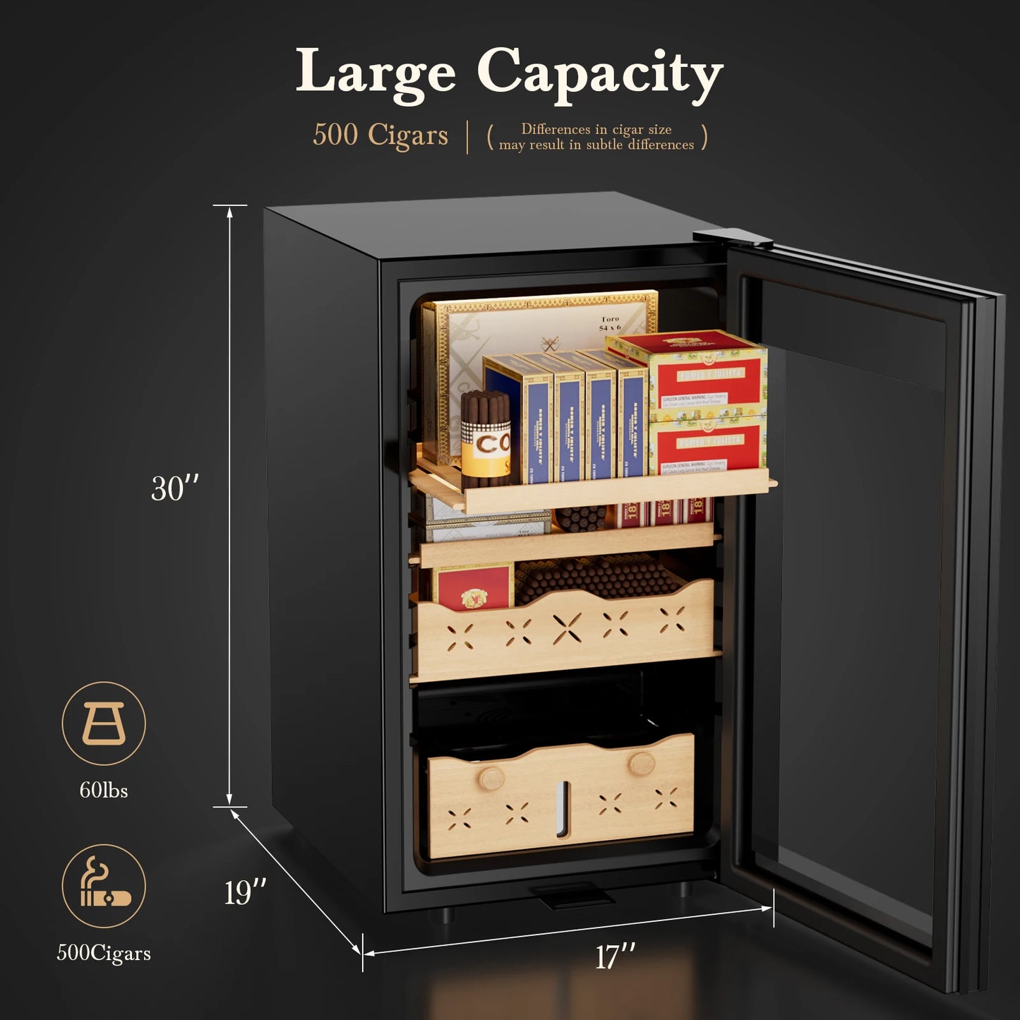 65L Electric Cigar Humidor, 500 Counts Large Capacity, Intelligent Temperature & Humidity Control, Spanish Cedar Wood Drawer