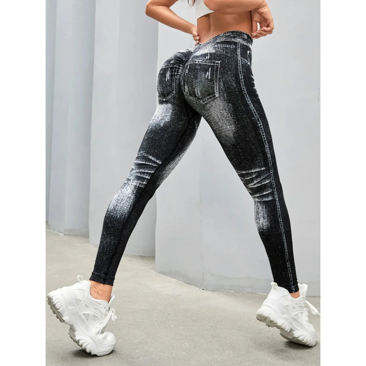 Women Seamless Printed High Waist Perforated Fake Pocket Leggings