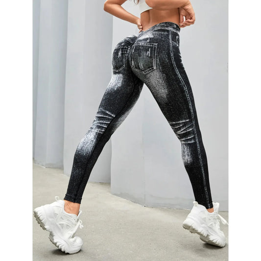 Women Seamless Printed High Waist Perforated Fake Pocket Leggings