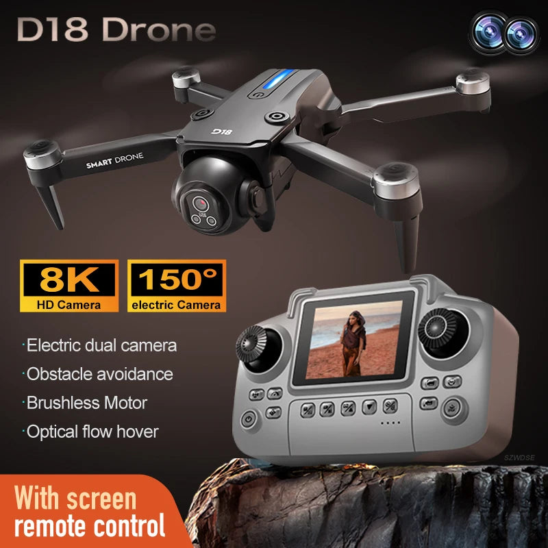 D18 Drone with 8K HD 150° Electric Dual FPV Camera Angle Obstacle Avoidance Foldable Quadcopter for Aerial Photography Toy