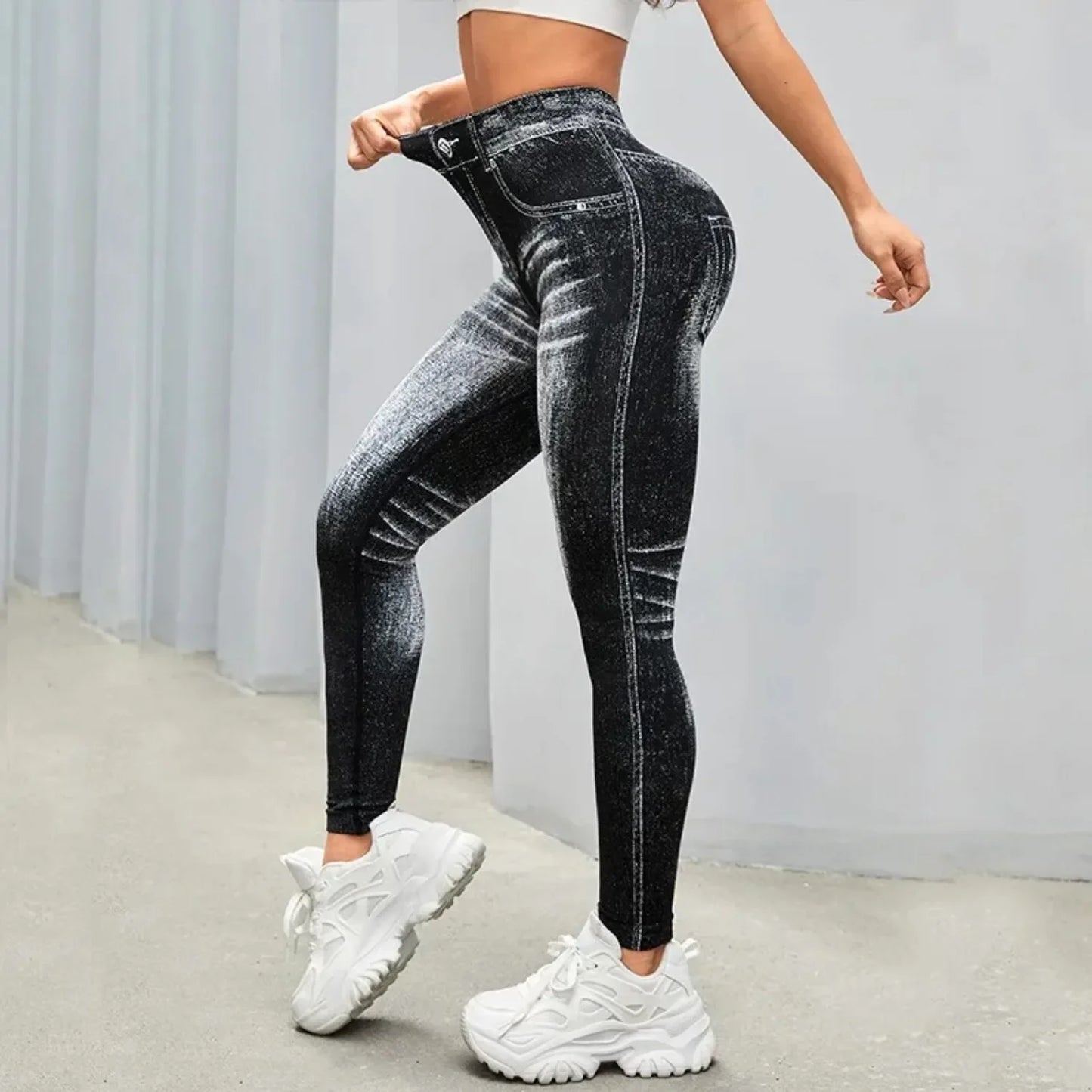 Women Seamless Printed High Waist Perforated Fake Pocket Leggings