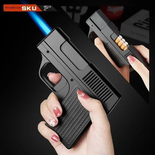 Unusual Pistol Style Lighters with Cigarette Case Jet Turb Torch Lighter Capacity 10PCS Cigarette Windproof Cigar Lighter