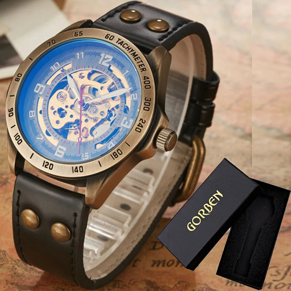 Men Waterproof Automatic Mechanical Watch  with Genuine Leather