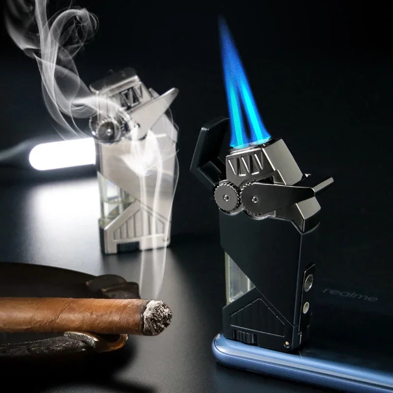 Double Fire Torch Jet Metal Lighter Pipe Lighter with Cigar Cutter Visible Transom Windproof Flame Accessories Gadgets Men