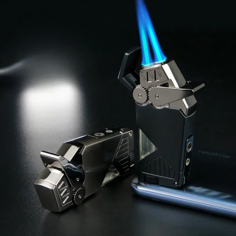 Double Fire Torch Jet Metal Lighter Pipe Lighter with Cigar Cutter Visible Transom Windproof Flame Accessories Gadgets Men