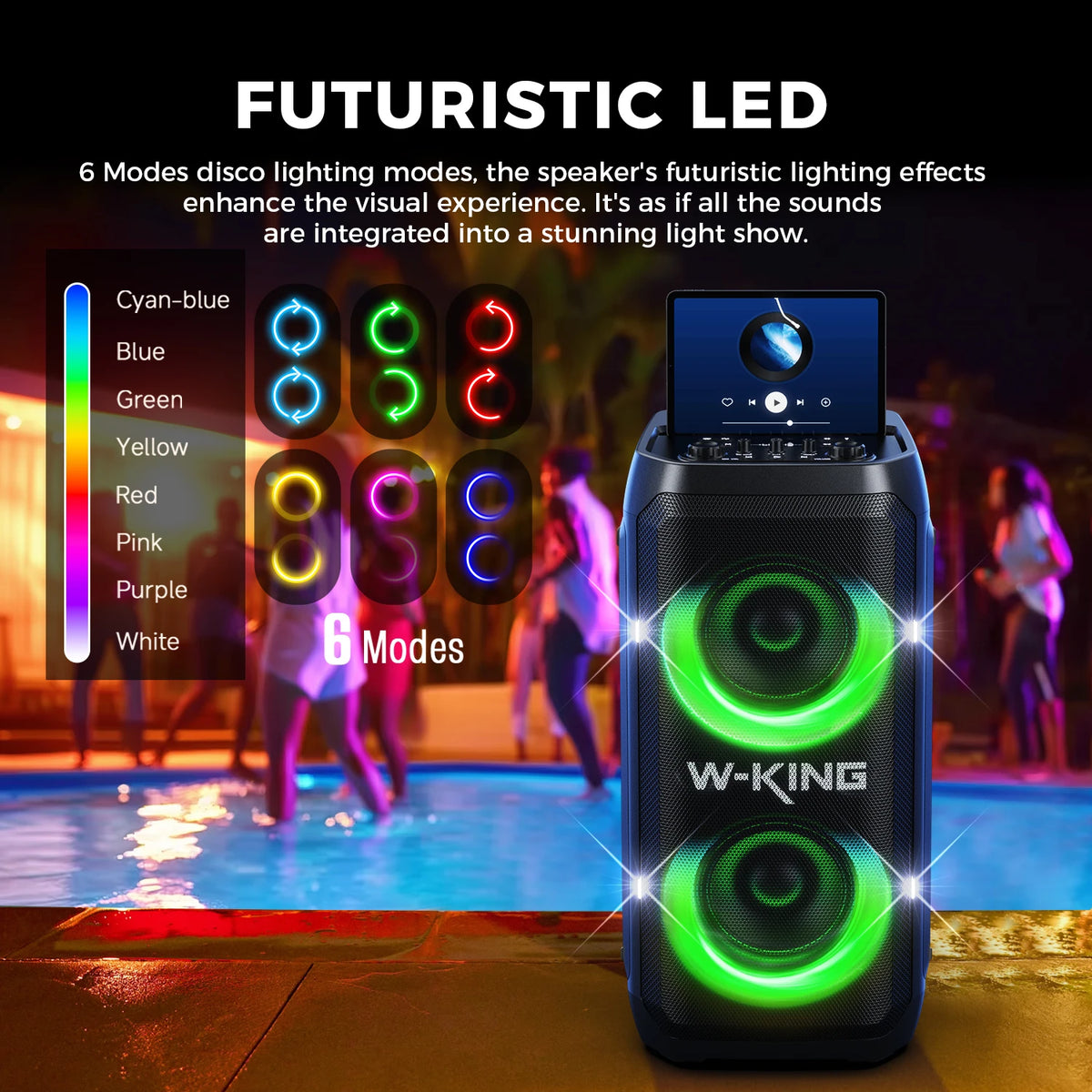 W-King T12 Portable Bluetooth Speaker Box with 370W Max Pro Sound,Light Show,Csb,Bass Boost, Wheels and Telescoping Handle