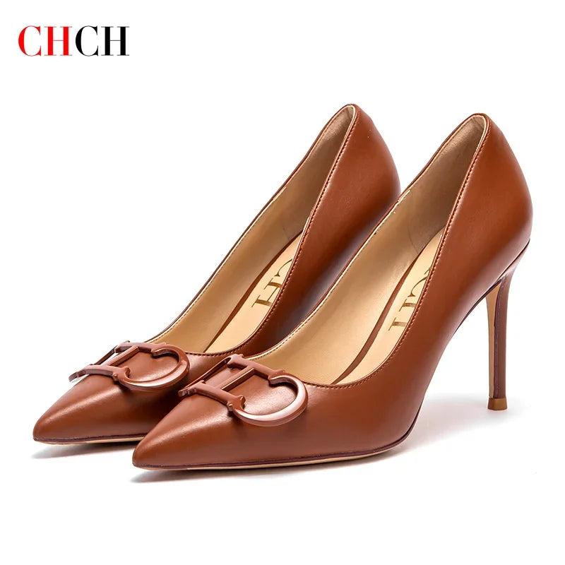 Woman High Heels New Pointed Metal Buckle Shoes