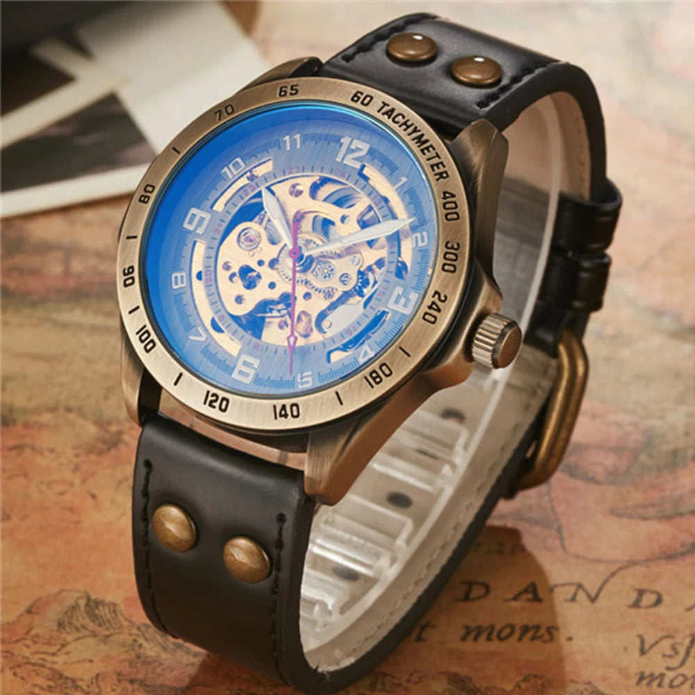 Men Waterproof Automatic Mechanical Watch  with Genuine Leather