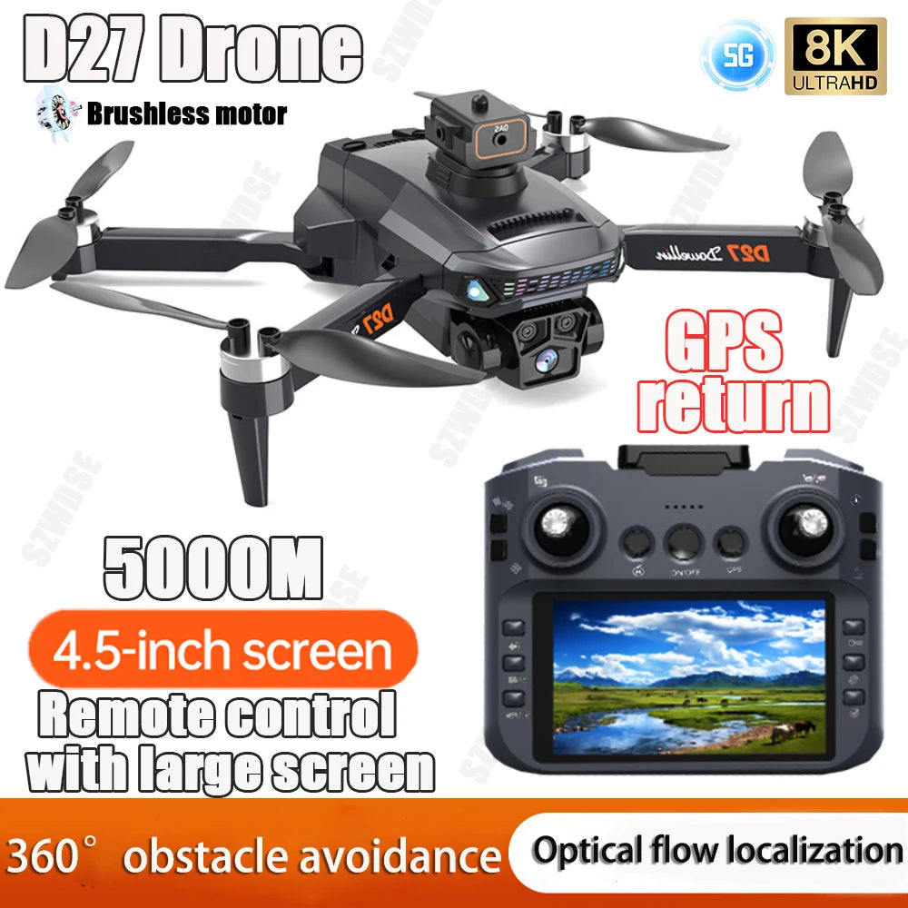 NEW D27 MAX Drone Professional 8K GPS HD Camera 5G WIFI FPV UAV with 4.5 Inch Screen Remote Control RC Drone 5KM Range