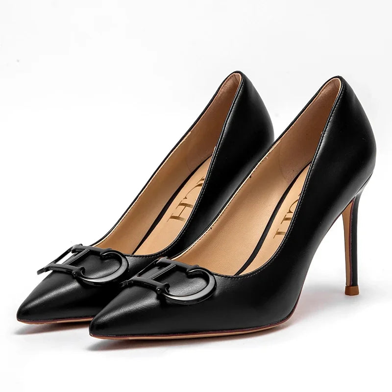 Woman High Heels New Pointed Metal Buckle Shoes