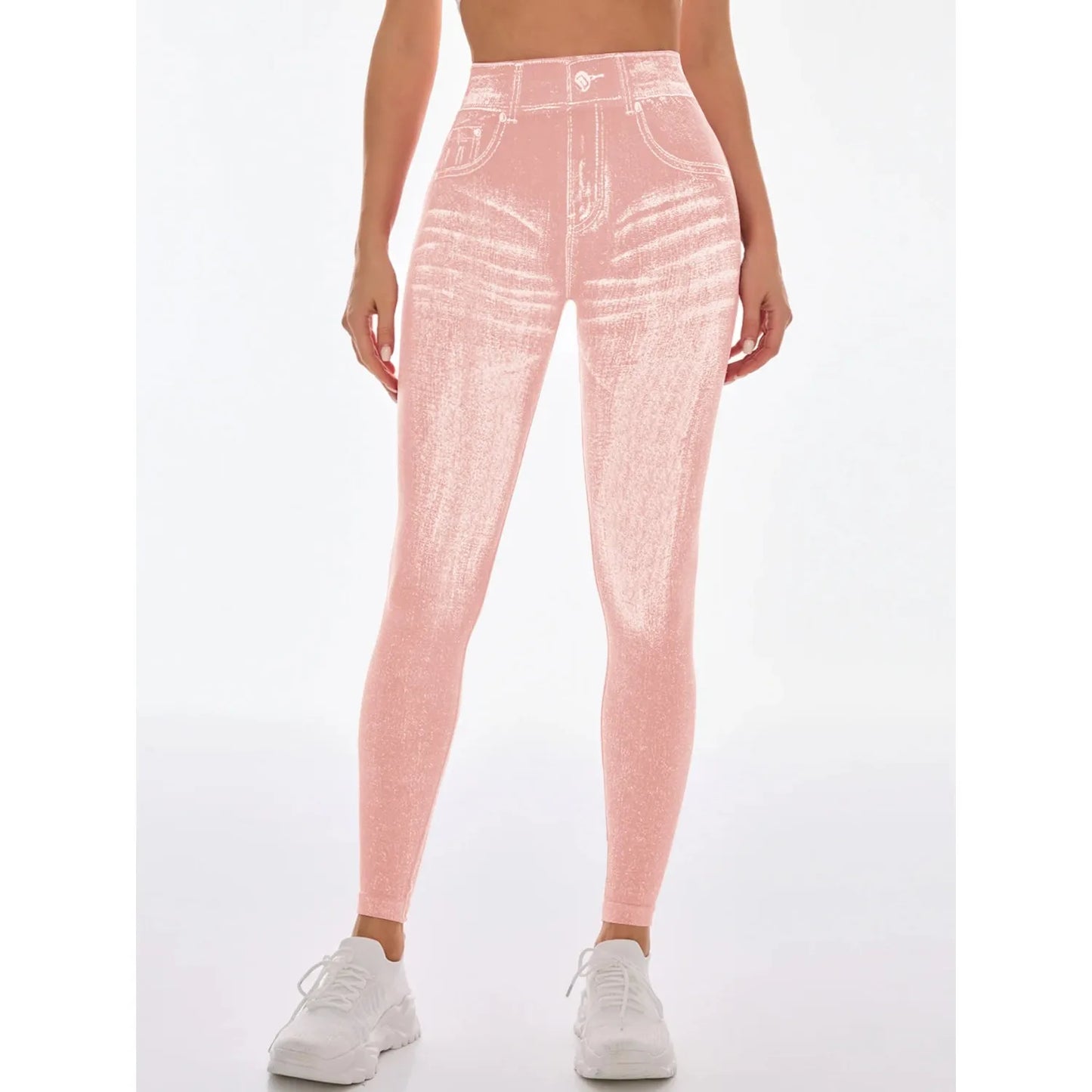 Women Seamless Printed High Waist Perforated Fake Pocket Leggings