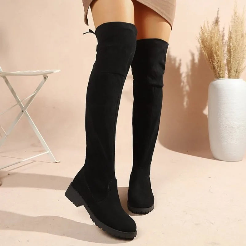 Women Round Toe Over‑The‑Knee Boots Faux Suede Stretch Low Block Heel Back Bow Pull‑On Long Boots