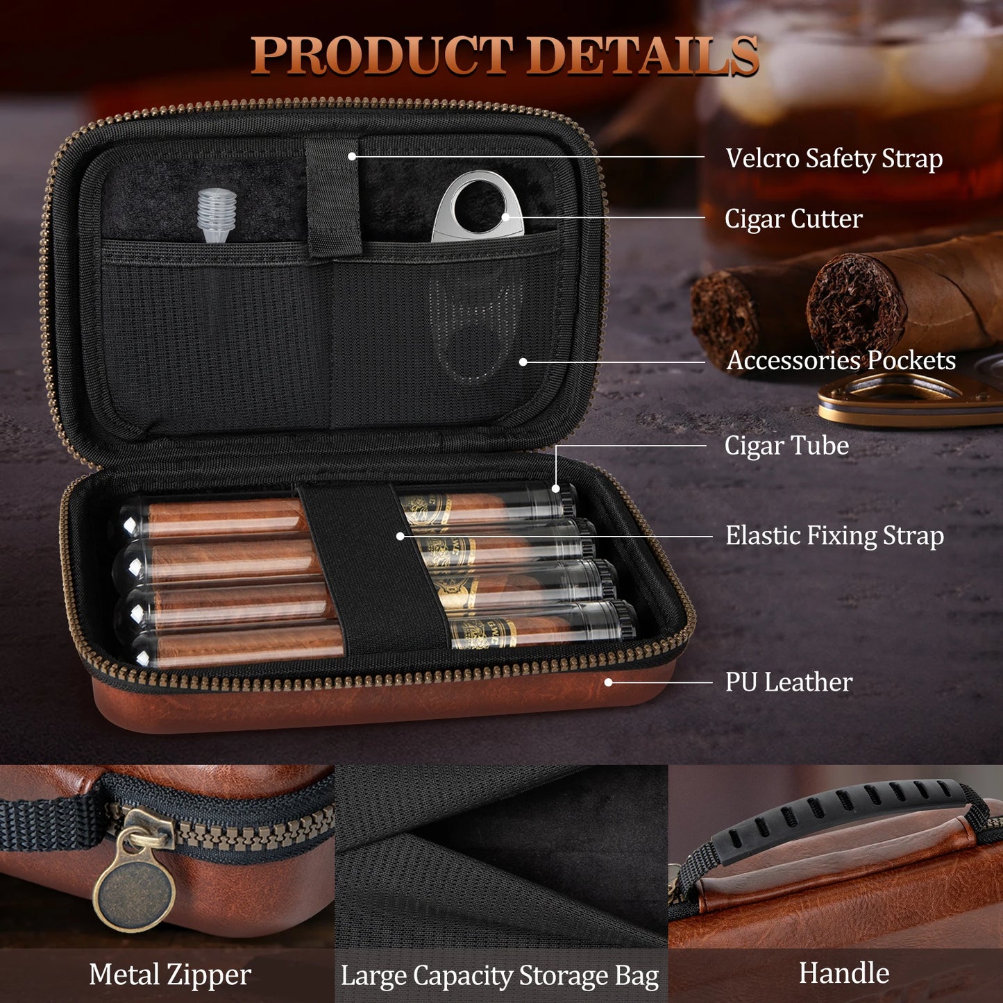 AWOTE Leather Travel Cigar Humidor with 4 Cigar Tube and Cigar Cutter,Cigar Accessories Gift Set for Men,Lighter not included