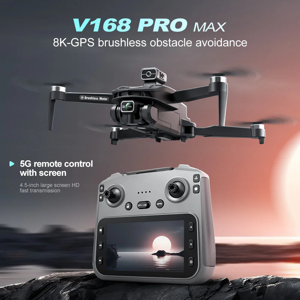 V168 Max Drone 8K Professional 5G GPS HD Dual Camera Photography 5KM Brushless Foldable Large Screen RC Quadcopter Toys
