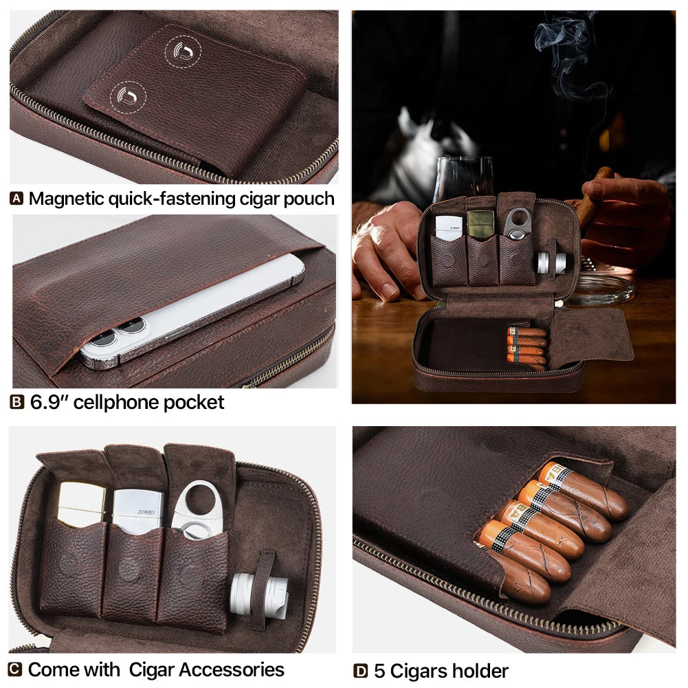 Luxury Handmade Genuine Leather Cigar Humidor Case Portable Travel Box For 5 Cigars Cigarette Lighter Cutter with Phone Pouch