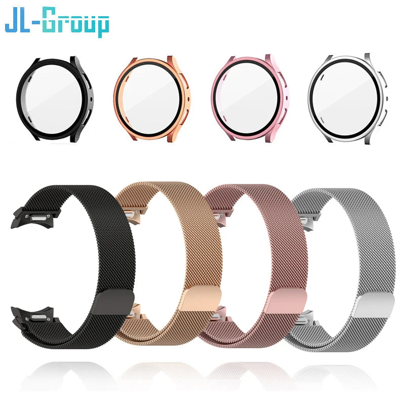 Metal Strap For Samsung Galaxy Watch 5 6 7 40mm 44mm Band With Screen Protector Hard Case Magnetic Loop Quick Install Bracelet