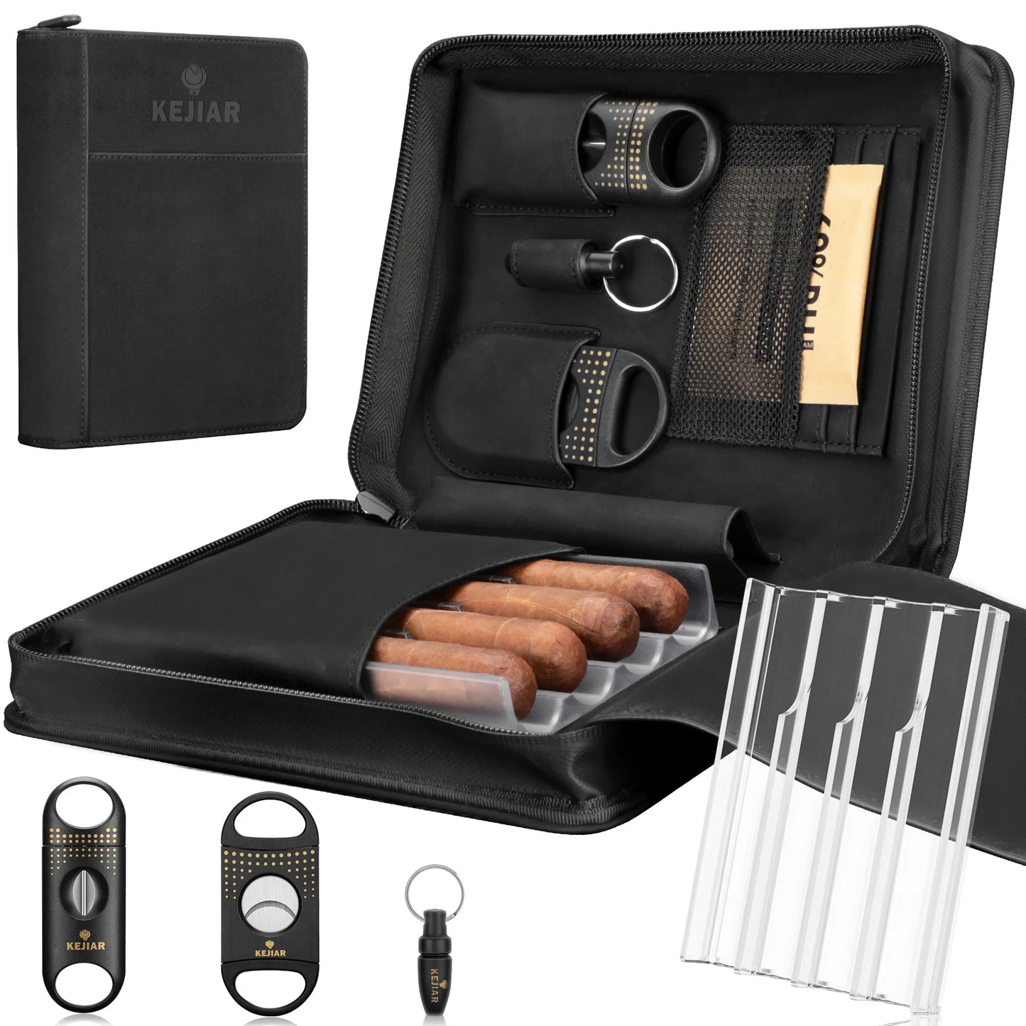 Portable Cigar Humidor Case with V Cutter,Straight Cigar Punch, Humidifier Packs for Travel