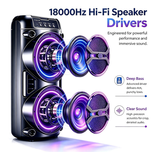 Portable wireless Bluetooth speaker with  multi-mode colorful lights. Supports TF card, USB Type-C port and FM radio. Suitable for parties, outdoor camping, square dancing and other occasions. A lovely gift.