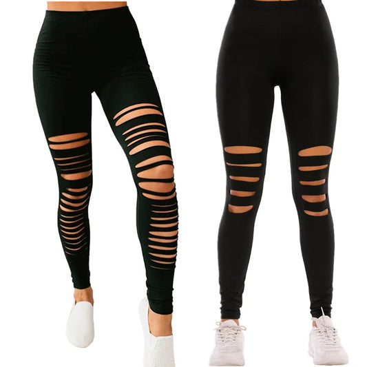Black Solid Leggings Women Summer Sexy Hollow Out Hole Ripped Leggings Fashion Elastic Stretch Slim Casual Pants Skinny Trousers
