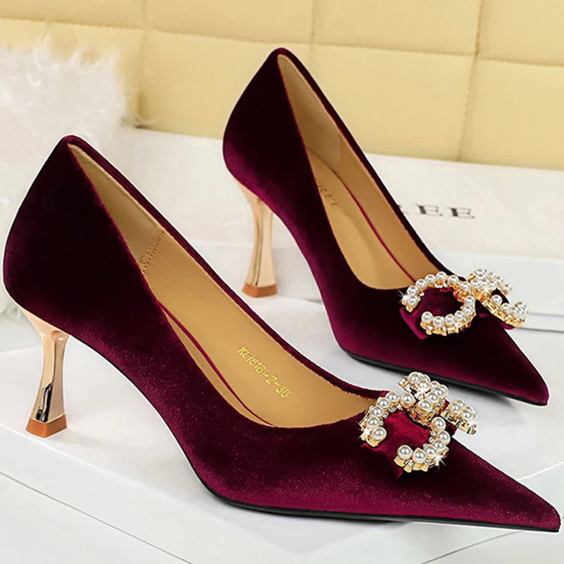 Women Low Heels Pumps Metal Chain Buckle Dress Shoes