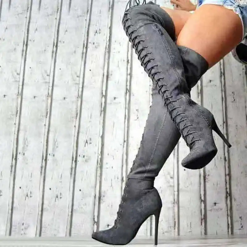 Women's Boots Pointed Toe Over The Knee Boots Autumn Winter Sexy High Heels Solid Color Casual Boot Lace Up Stiletto Long Boots