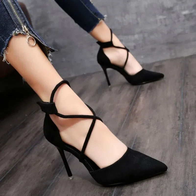 New Cross-strap Roman Sandals Suede High Heels Women's Shoes One-line Buckle