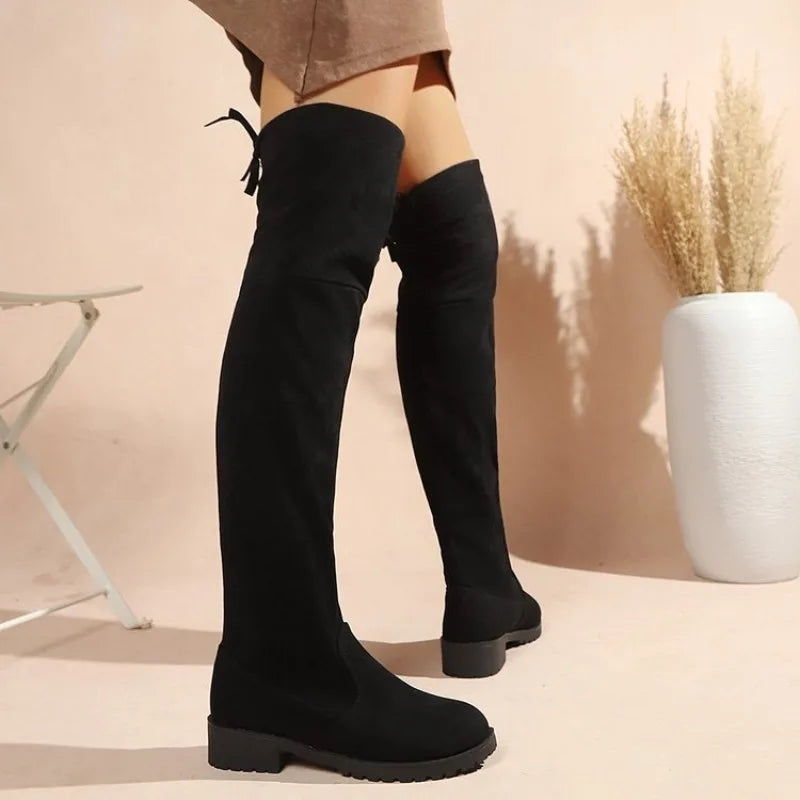 Women Round Toe Over‑The‑Knee Boots Faux Suede Stretch Low Block Heel Back Bow Pull‑On Long Boots