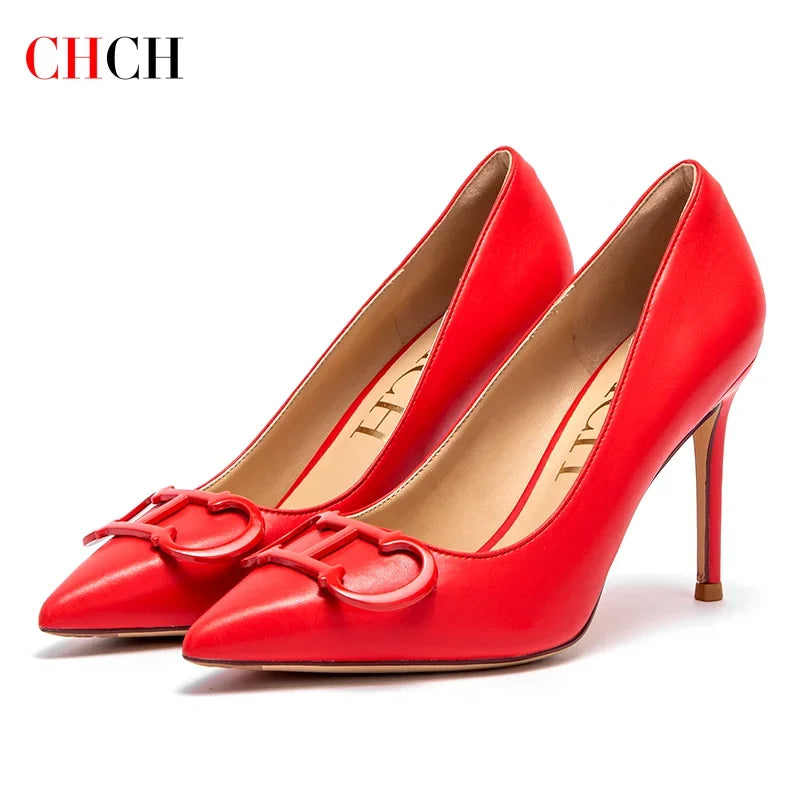 Woman High Heels New Pointed Metal Buckle Shoes