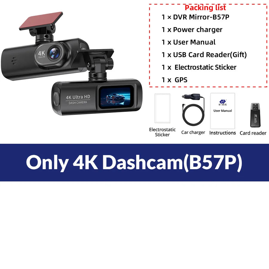 E-ACE 4K 1080P Car DVR 2 Cameras Lens Dash Camera Dual Lens Suppor Rearview Camera Video Recorder Auto Registrator Dash Cam