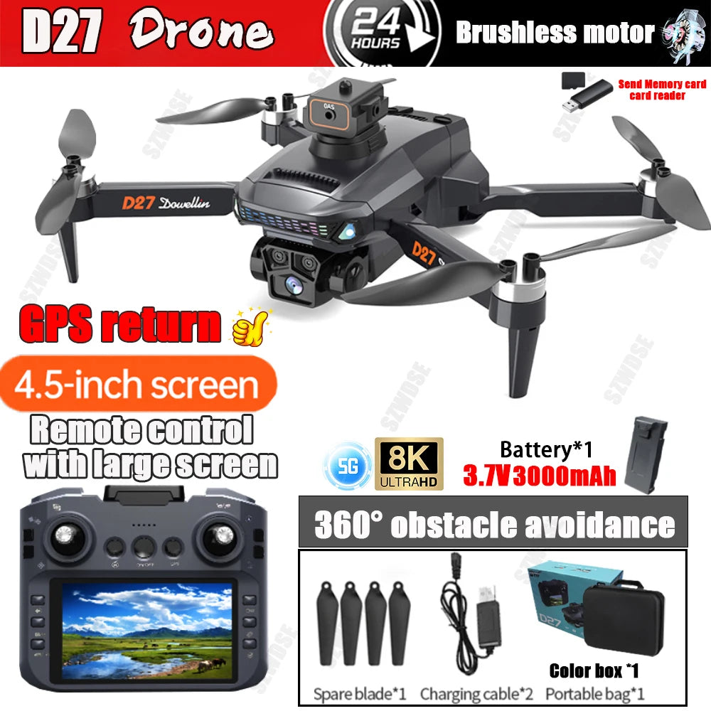 NEW D27 MAX Drone Professional 8K GPS HD Camera 5G WIFI FPV UAV with 4.5 Inch Screen Remote Control RC Drone 5KM Range
