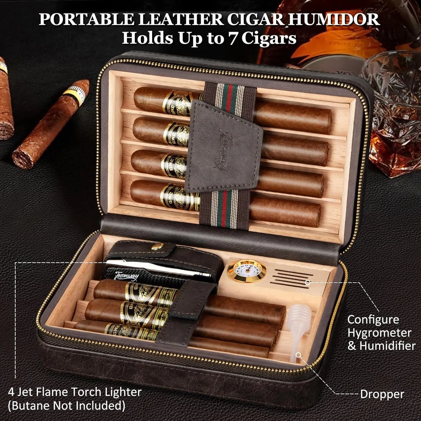 Travel Humidor Cigar Case&Cigar Lighter,Leather Cigar Case with Cedar Wood Tray,Hygrometer,Humidifier,Cigar Accessories for Men