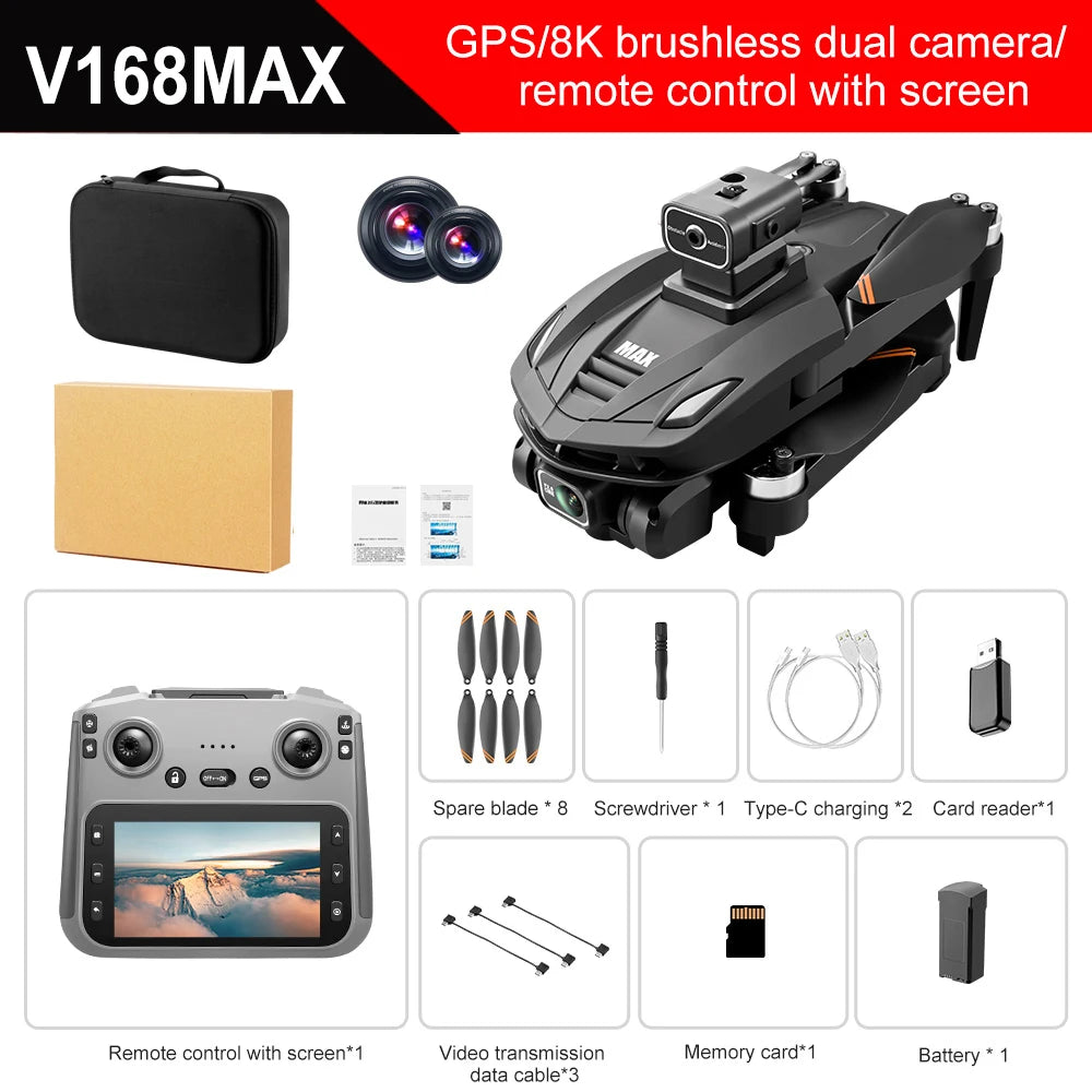 V168 Max Drone 8K Professional 5G GPS HD Dual Camera Photography 5KM Brushless Foldable Large Screen RC Quadcopter Toys