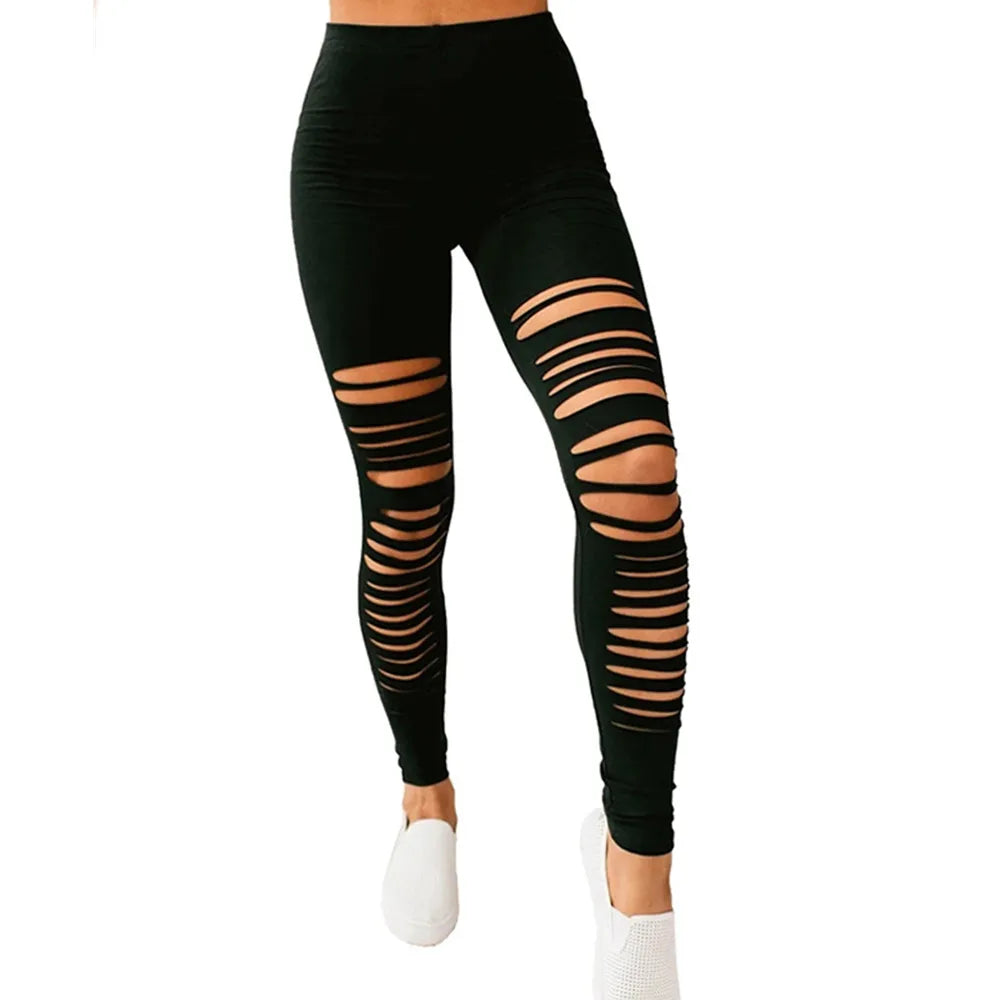 Black Solid Leggings Women Summer Sexy Hollow Out Hole Ripped Leggings Fashion Elastic Stretch Slim Casual Pants Skinny Trousers