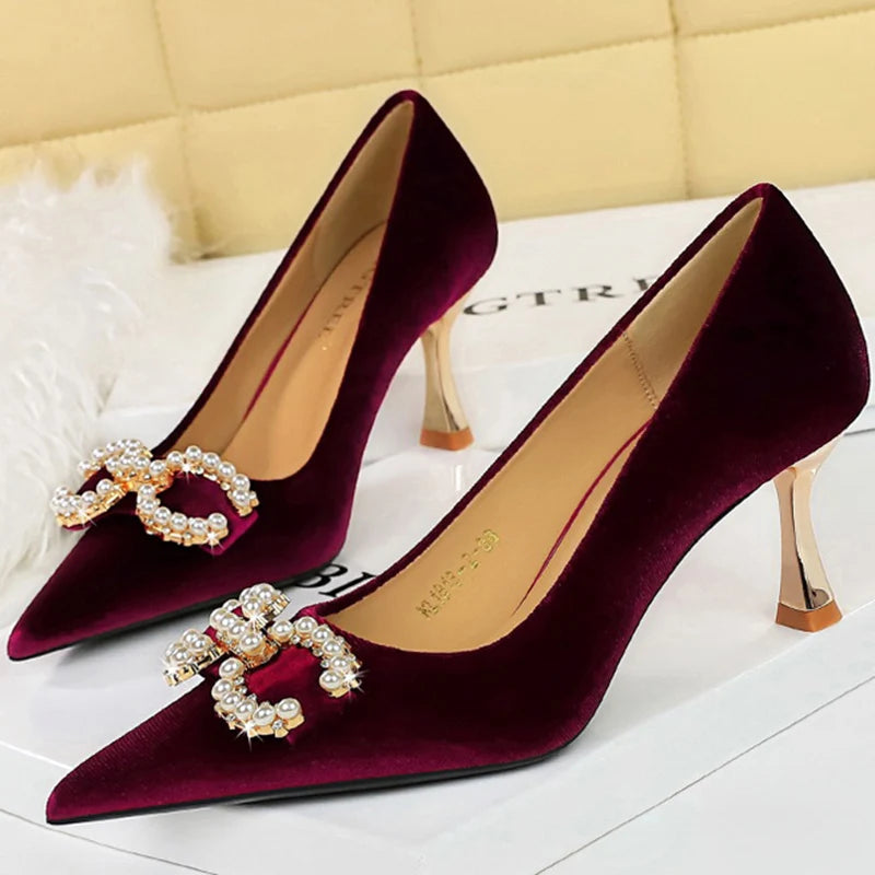 Women Low Heels Pumps Metal Chain Buckle Dress Shoes