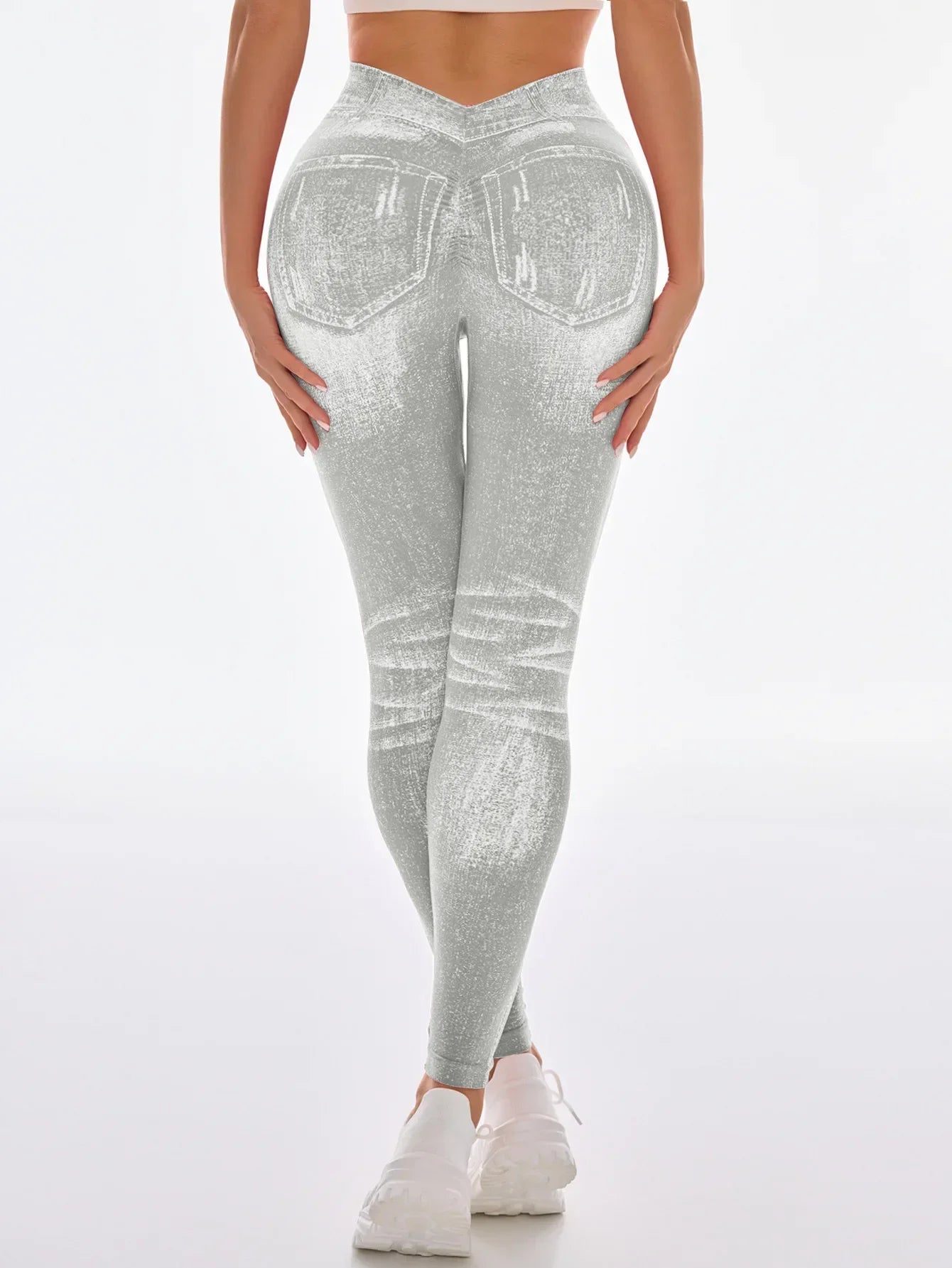 Women Seamless Printed High Waist Perforated Fake Pocket Leggings