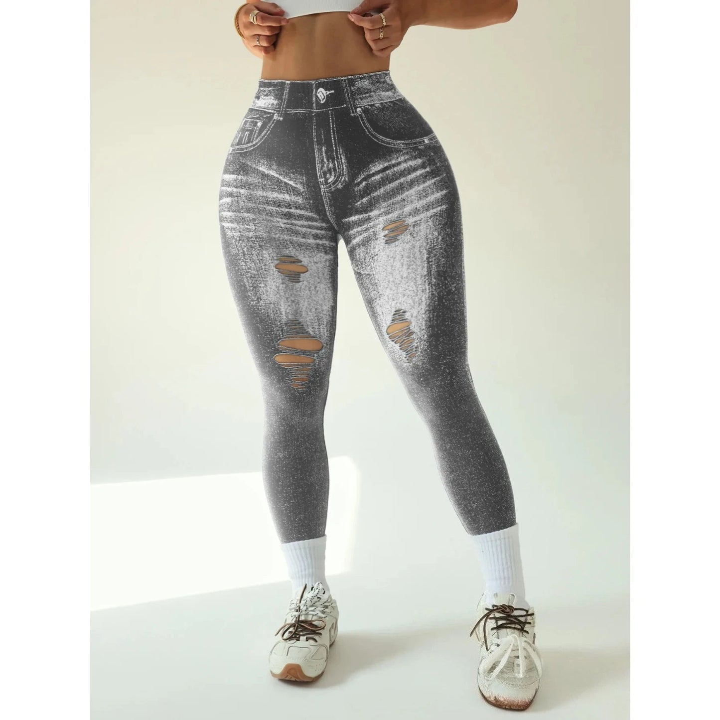 Women Seamless Printed High Waist Perforated Fake Pocket Leggings