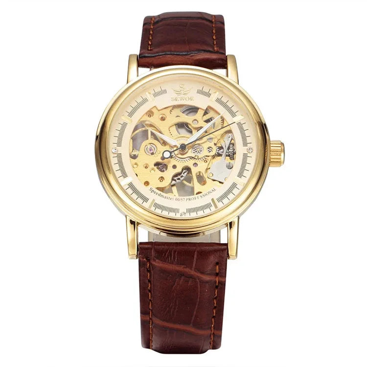Men Mechanical Wristwatch, PU Leather Band, Mineral Reinforced Glass Wrist Watch forDaily Use