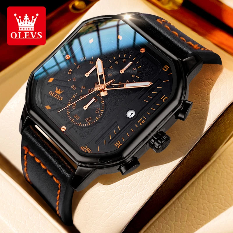 OLEVS 9950 Watches for Men Quartz Chronograph Leather Fashion Dress Watch Date Waterproof Luminous Casual Square Man Wristwatch