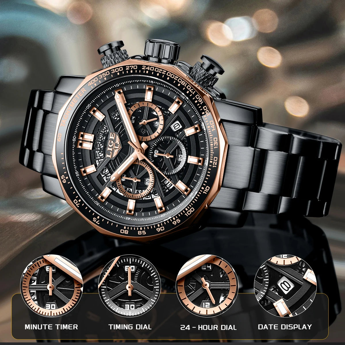 LIGE Mens Watches Top Brand Luxury Wrist Watches For Men Gold Big Golden Male Chronograph Wristwatch Man Relogios Masculino