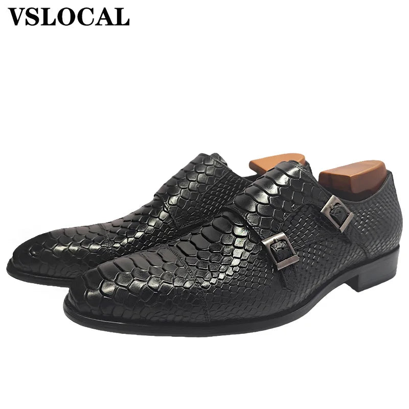 Luxury Men Loafers Shoes Slip On Snake Print Dress Mens Casual Shoes Black Blue Real Leather Double Monk Strap Shoes Man