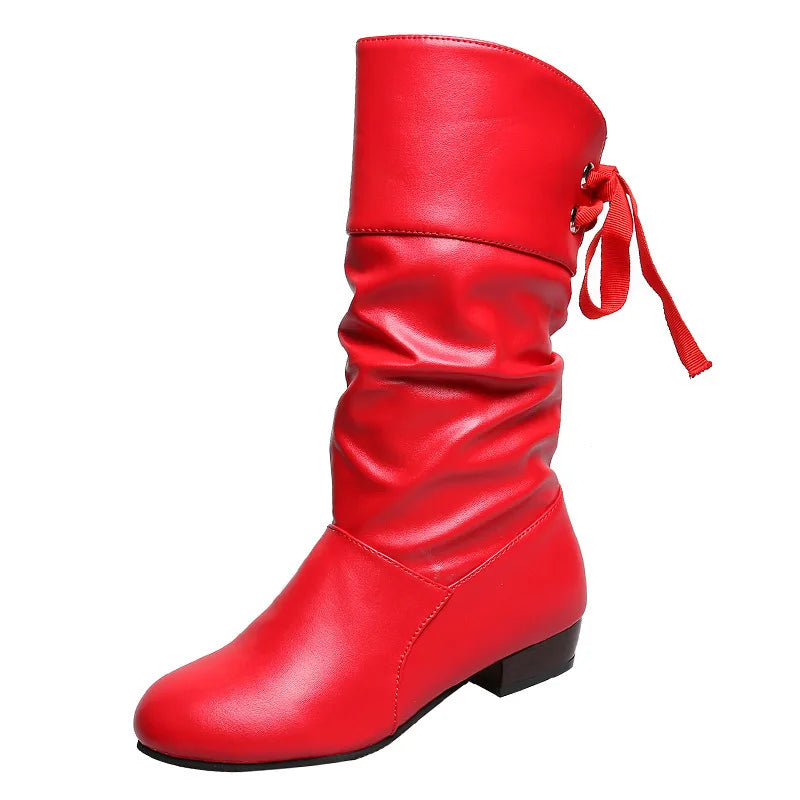 Women Versatile Boots Autumn Casual Back Lace-Up Mid-calf Boots Fashion Pleated Pu Leather Low Heel Botas Woman Large Size Shoes