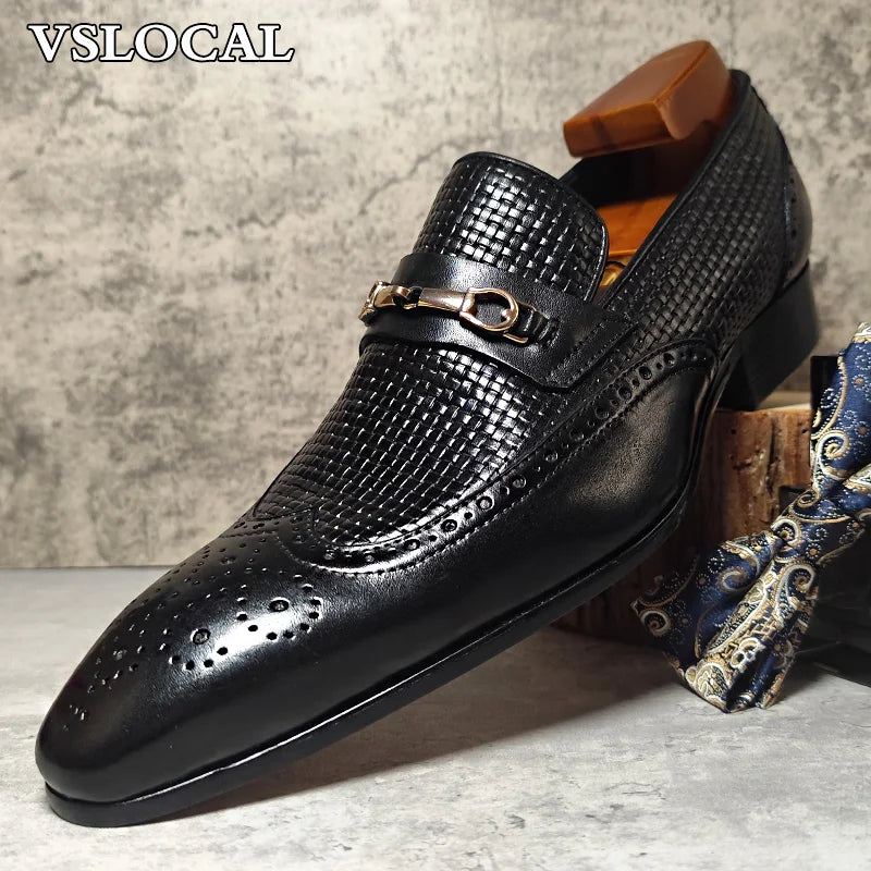 Luxury Brand Men Loafers Shoes Black Wing tip Slip On Casual Men Dress Shoes Wedding Office Horsebit Leather Loafers Men