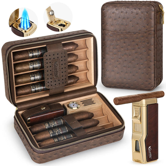 Scotte Cigar Humidor Box Cigar Lighter Cedar Wood Lined Leather Cigar Case Built in Hygrometer Humidifier with Cigar Holder Kit