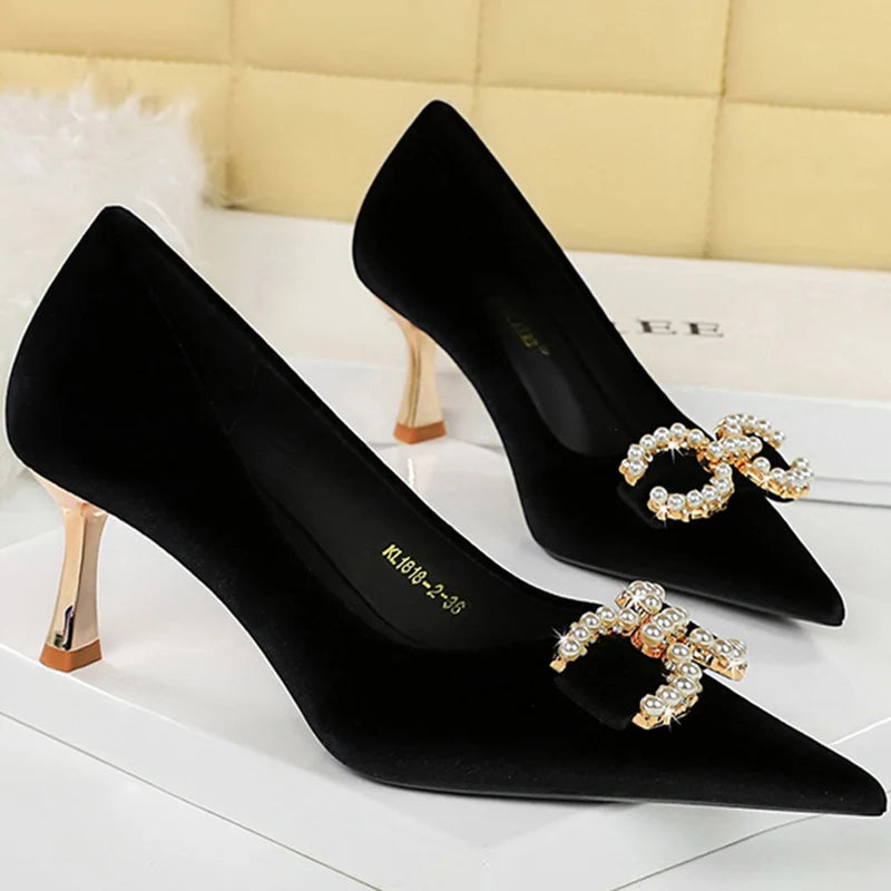 Women Low Heels Pumps Metal Chain Buckle Dress Shoes