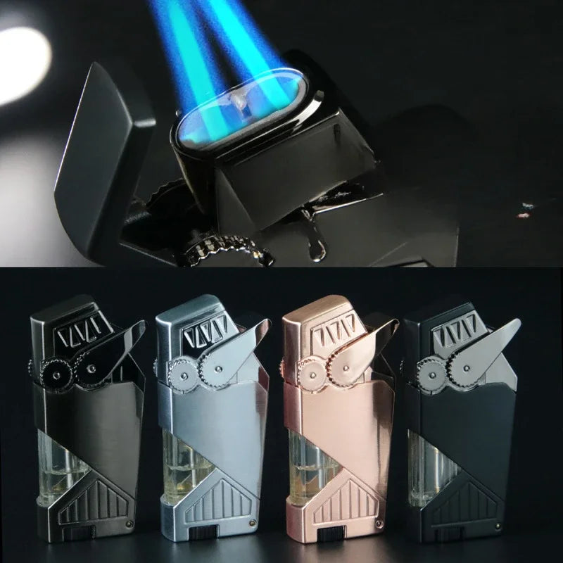 Double Fire Torch Jet Metal Lighter Pipe Lighter with Cigar Cutter Visible Transom Windproof Flame Accessories Gadgets Men