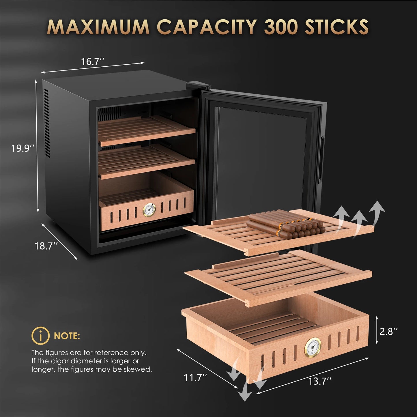 50L Electric Cigar Humidor Cabinet, Large Capacity 300 Count, LED Digital Display, with Spanish Cedar Wooden Drawer & Shelf